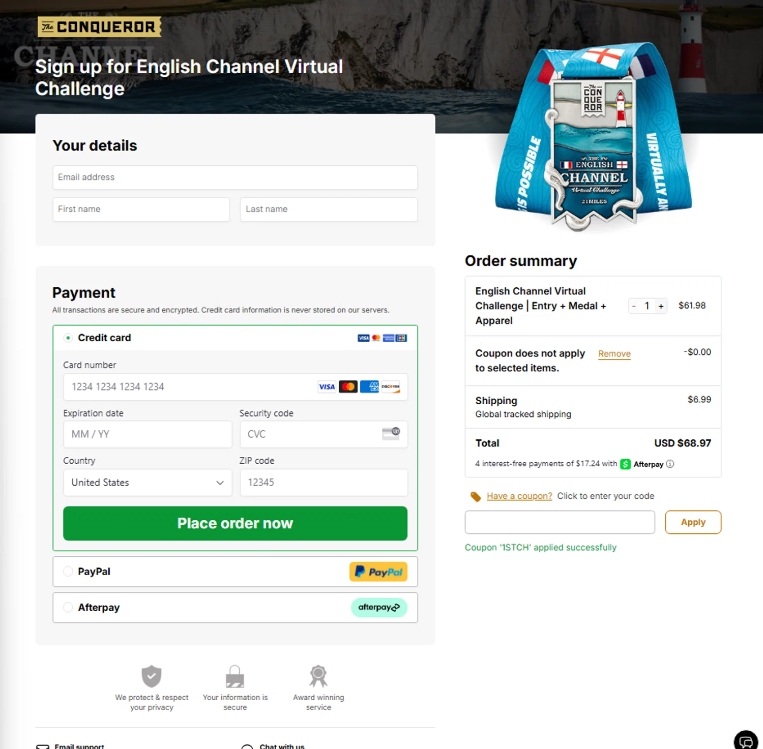 The Conqueror promo code screenshot showing code 1STCH applied at The Conqueror checkout page. Uploaded by SimplyCodes community member CrownSage3630 on Apr 25, 2025