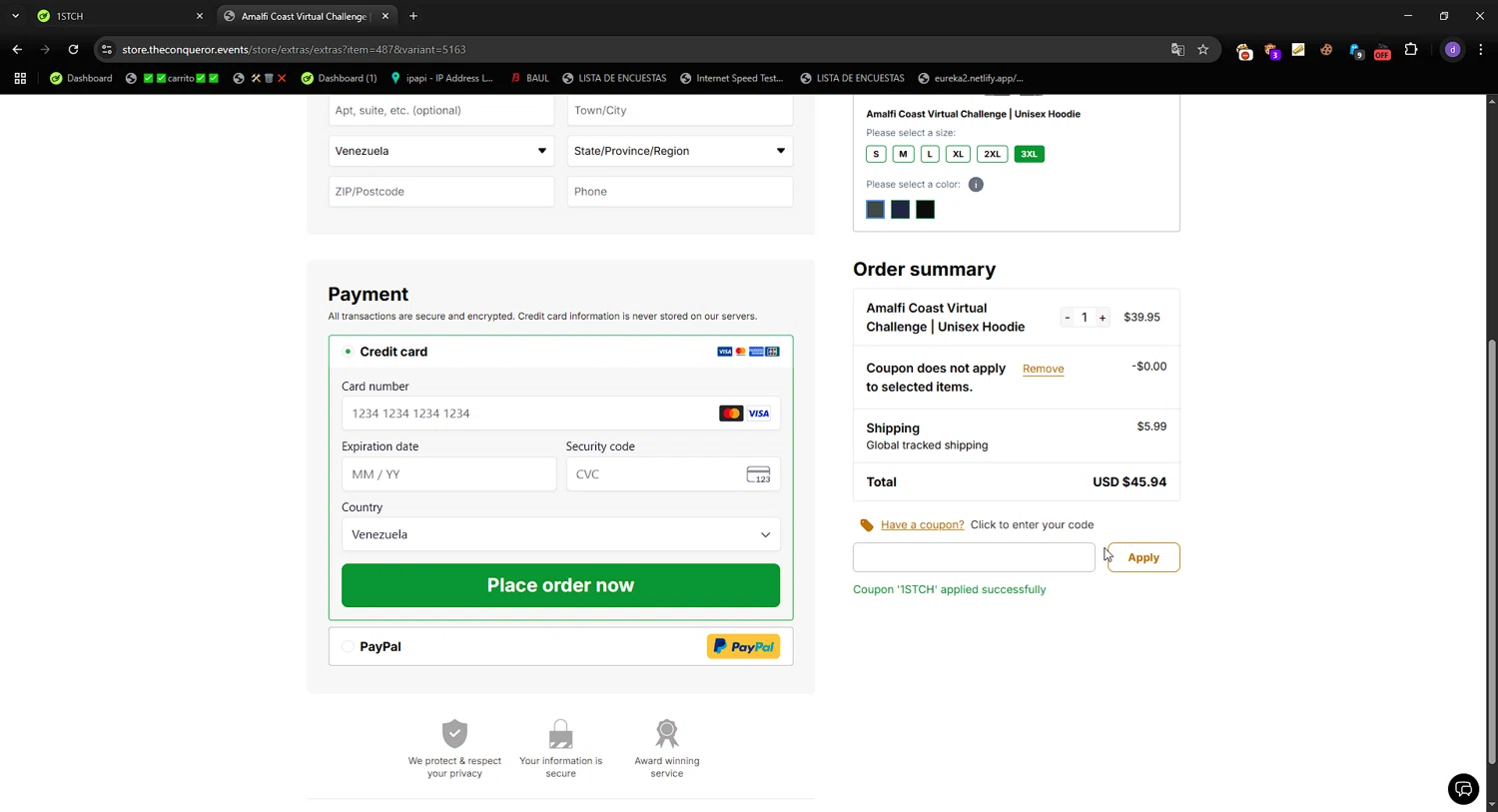 The Conqueror promo code screenshot showing code 1STCH applied at The Conqueror checkout page. Uploaded by SimplyCodes community member SavvySeeker200 on Jun 13, 2025