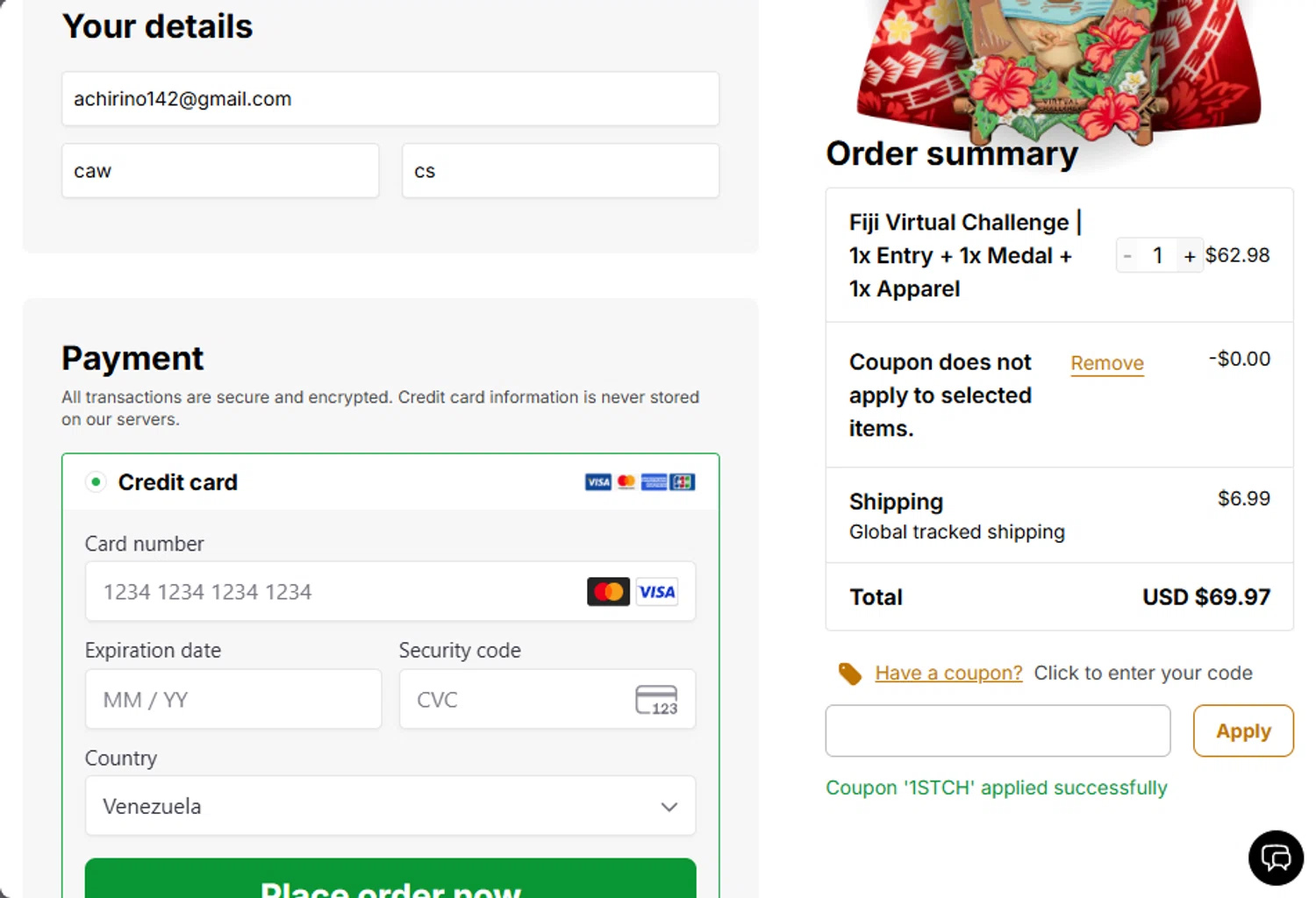 The Conqueror promo code screenshot showing code 1STCH applied at The Conqueror checkout page. Uploaded by SimplyCodes community member jupitera on Jul 19, 2025