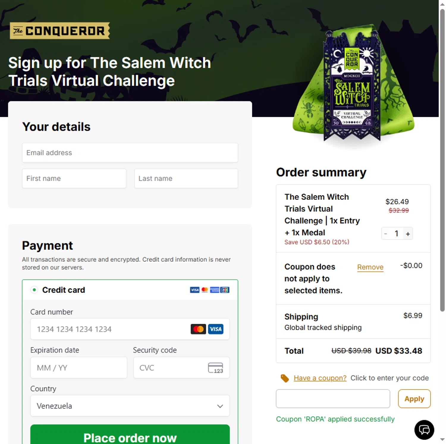 The Conqueror promo code screenshot showing code ROPA applied at The Conqueror checkout page. Uploaded by SimplyCodes community member Leannysv7lla on Oct 26, 2025