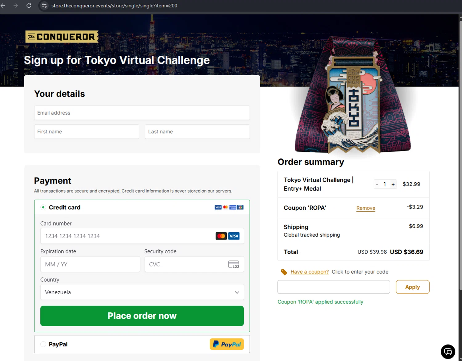 The Conqueror promo code screenshot showing code ROPA applied at The Conqueror checkout page. Uploaded by SimplyCodes community member arimakouse on Nov 25, 2025