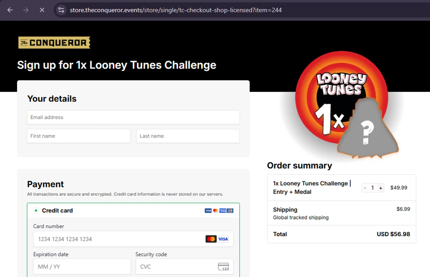 The Conqueror promo code screenshot showing code RXZDGT applied at The Conqueror checkout page. Uploaded by SimplyCodes community member SwiftLynx6587 on Jul 2, 2025