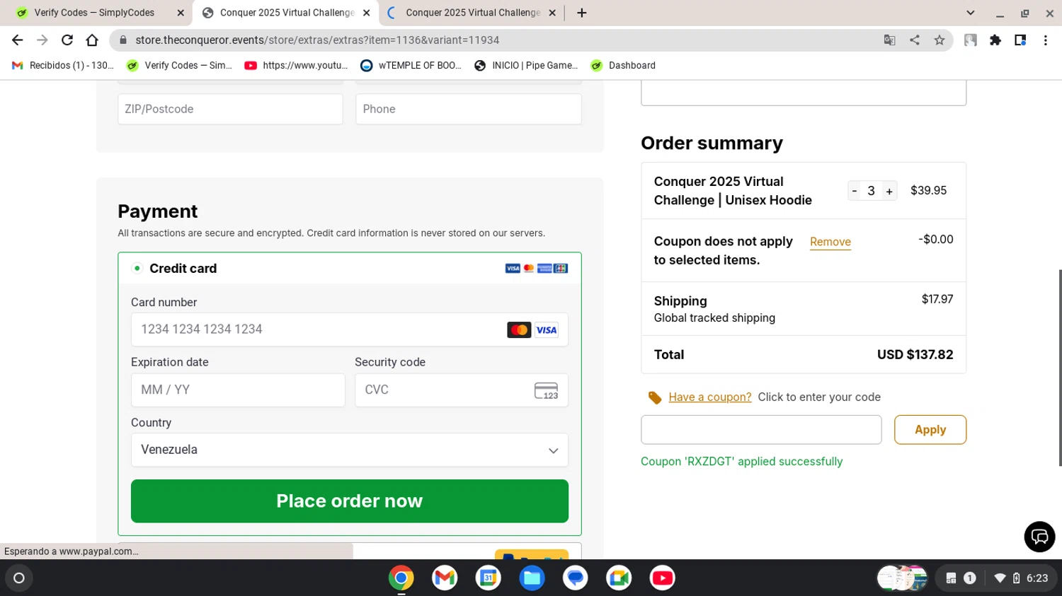 The Conqueror promo code screenshot showing code RXZDGT applied at The Conqueror checkout page. Uploaded by SimplyCodes community member CleverTiger7018 on May 19, 2025