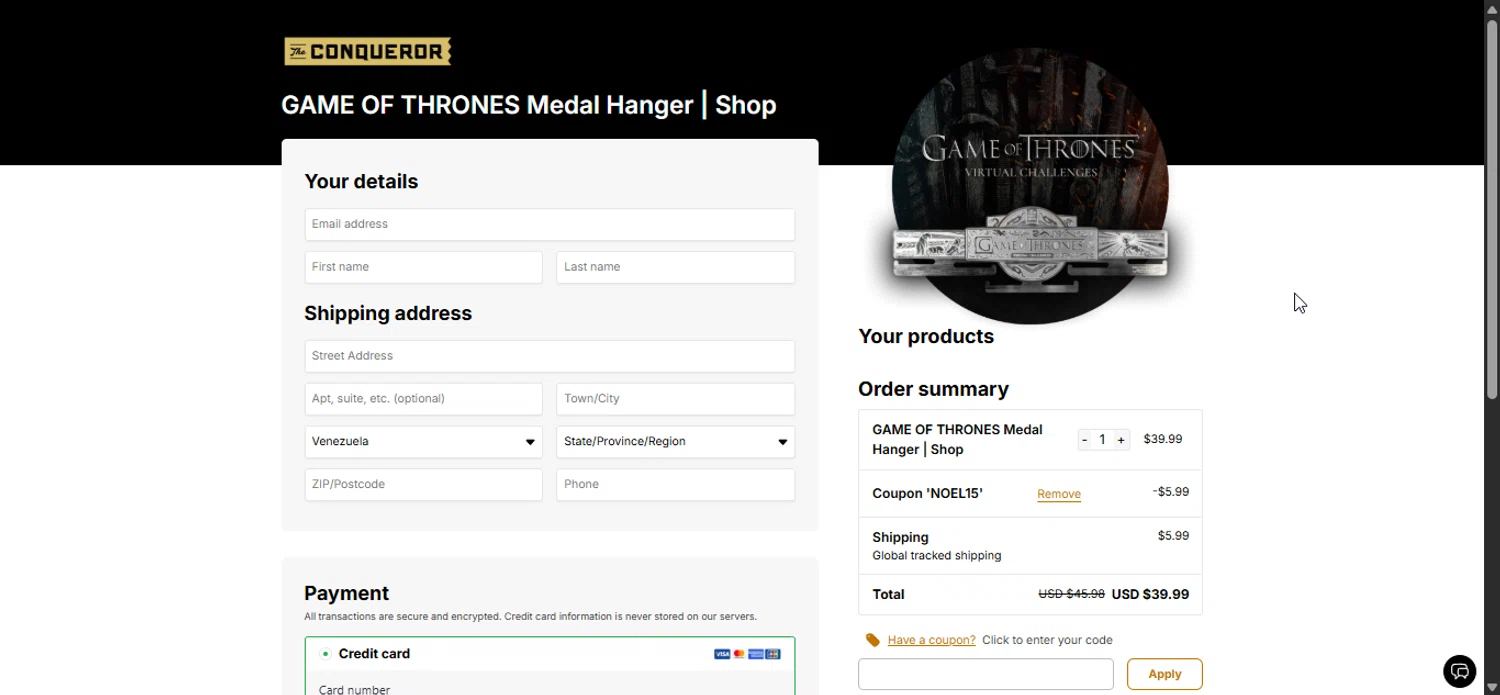 The Conqueror promo code screenshot showing code NOEL15 applied at The Conqueror checkout page. Uploaded by SimplyCodes community member Prospecto on Oct 14, 2025