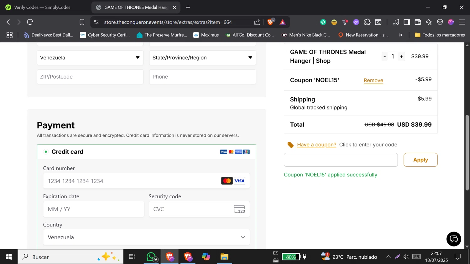 The Conqueror promo code screenshot showing code NOEL15 applied at The Conqueror checkout page. Uploaded by SimplyCodes community member DORIANGEL on Jul 19, 2025