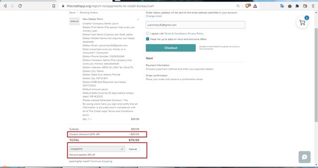 The Credit App checkout page showing The Credit App promo code box | Screenshot taken by SimplyCodes community member on Oct 10, 2022