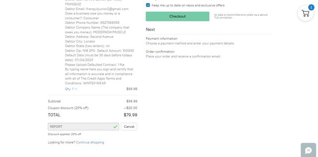 The Credit App checkout page showing The Credit App promo code box | Screenshot taken by SimplyCodes community member on Jul 18, 2023
