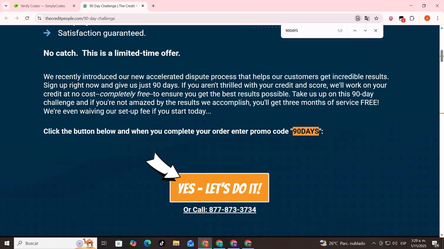 The Credit People promo code screenshot showing code 90DAYS applied at The Credit People checkout page. Uploaded by SimplyCodes community member FrugalSentinel6206 on Nov 1, 2025