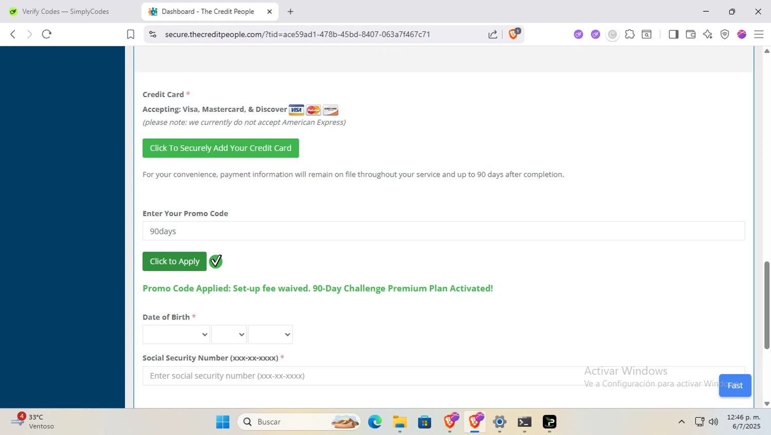 The Credit People checkout page showing The Credit People promo code box | Screenshot taken by SimplyCodes community member on Jul 6, 2025