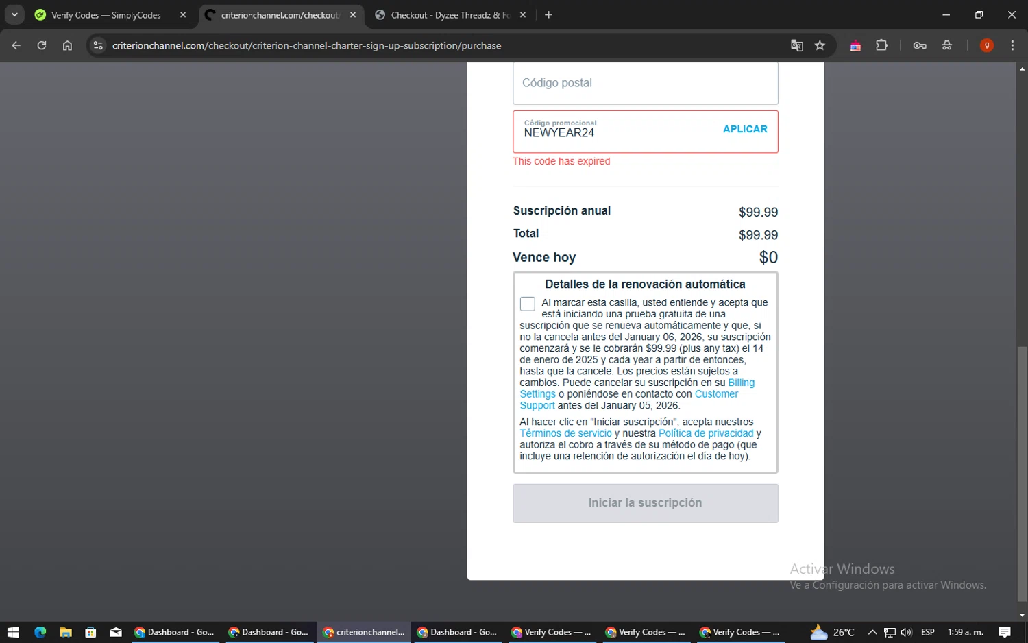 The Criterion Channel promo code screenshot showing code NEWYEAR24 applied at The Criterion Channel checkout page. Uploaded by SimplyCodes community member ExtraordinaryVirtuoso6801 on Jan 6, 2025