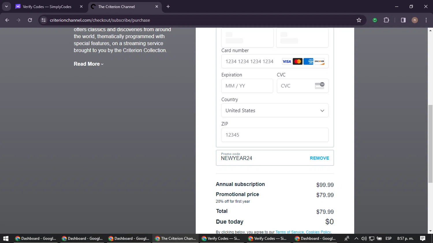The Criterion Channel checkout page showing The Criterion Channel promo code box | Screenshot taken by SimplyCodes community member on Jan 24, 2024