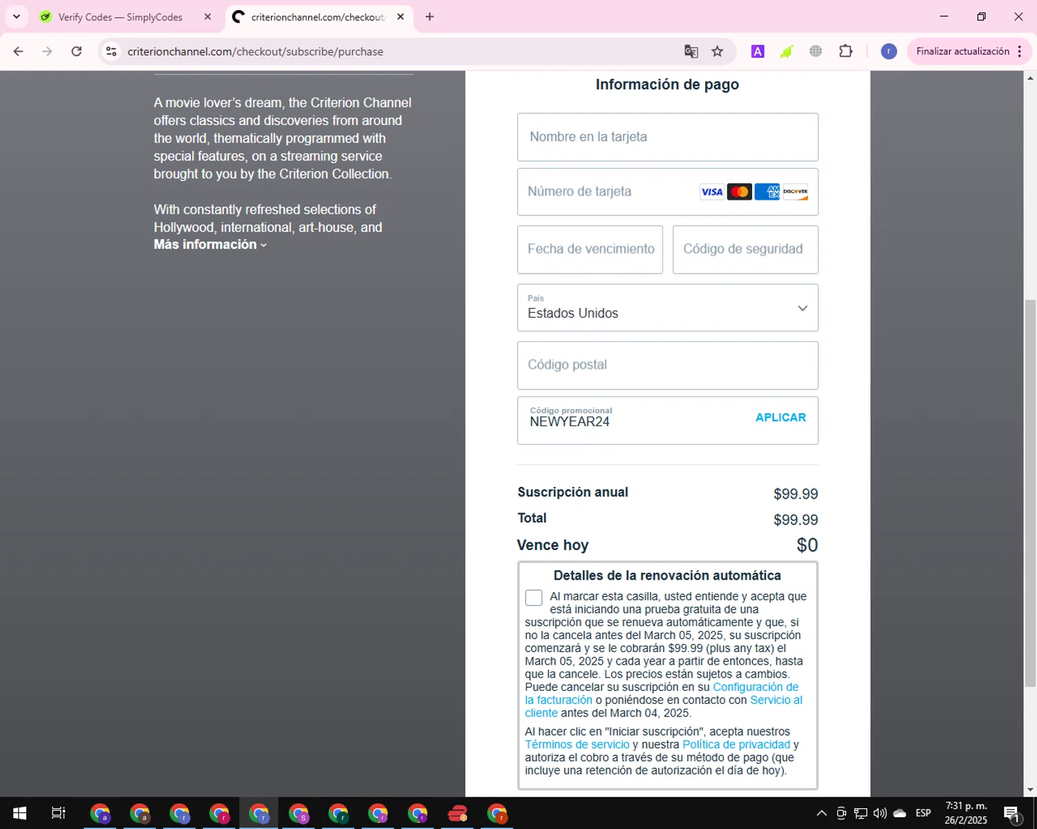 The Criterion Channel promo code screenshot showing code NEWYEAR24 applied at The Criterion Channel checkout page. Uploaded by SimplyCodes community member EpicCurator4666 on Feb 26, 2025