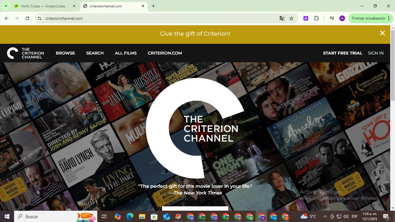 The Criterion Channel promo code screenshot showing code NEWYEAR24 applied at The Criterion Channel checkout page. Uploaded by SimplyCodes community member QuestOwl9632 on Jan 13, 2025