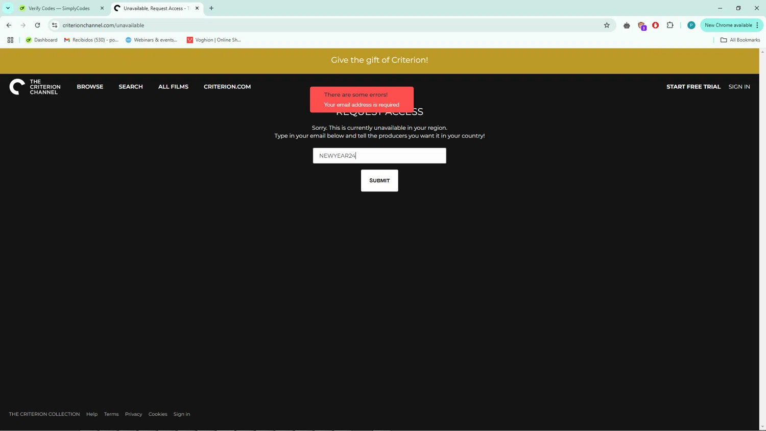 The Criterion Channel checkout page showing The Criterion Channel promo code box | Screenshot taken by SimplyCodes community member on Jan 2, 2025