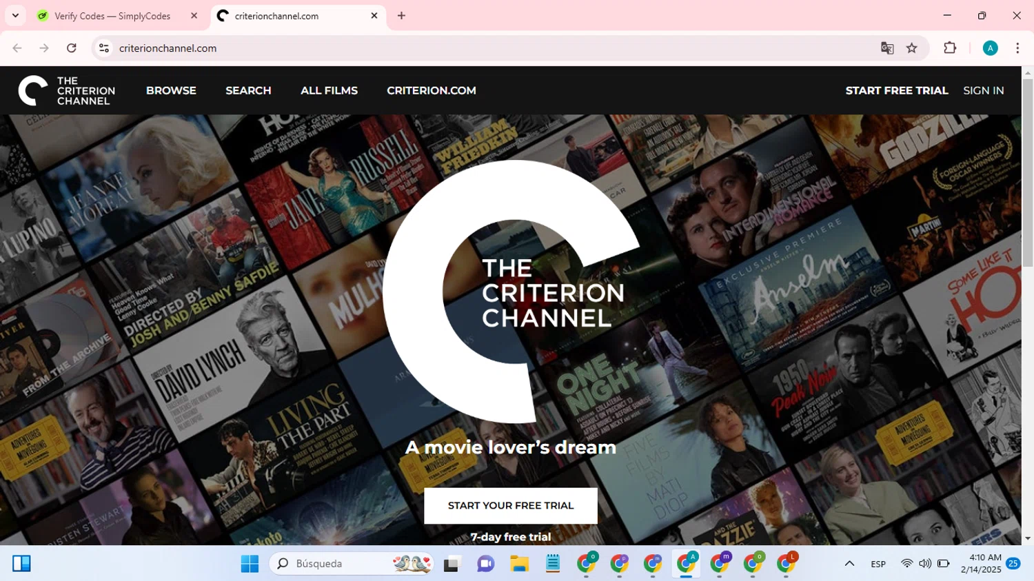The Criterion Channel promo code screenshot showing code NEWYEAR25 applied at The Criterion Channel checkout page. Uploaded by SimplyCodes community member CodePioneer2274 on Feb 14, 2025