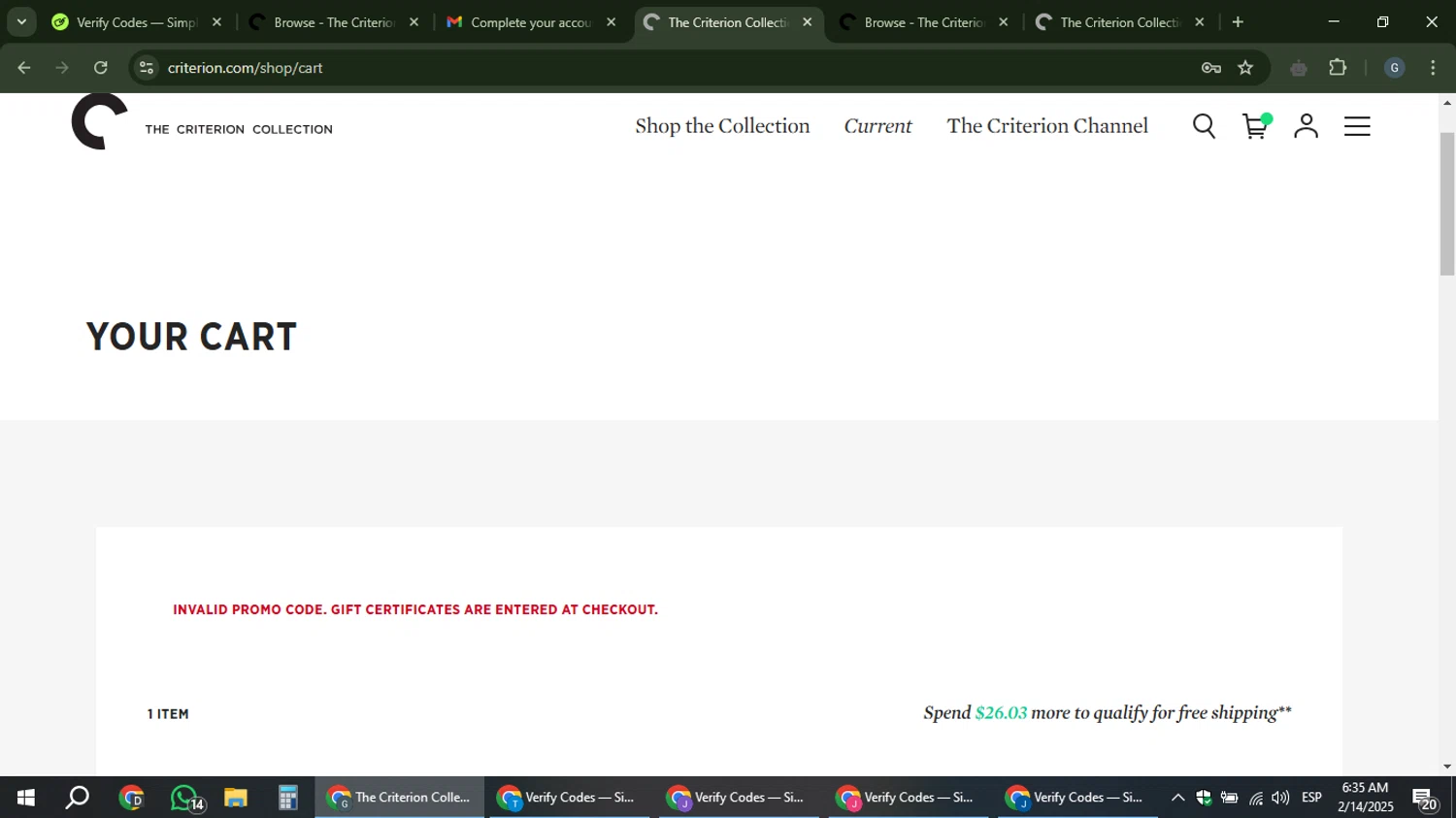 The Criterion Channel promo code screenshot showing code NEWYEAR25 applied at The Criterion Channel checkout page. Uploaded by SimplyCodes community member gabinharris55 on Feb 14, 2025