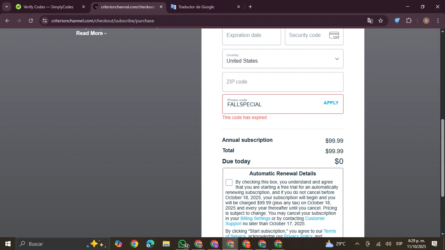 The Criterion Channel promo code screenshot showing code FALLSPECIAL applied at The Criterion Channel checkout page. Uploaded by SimplyCodes community member BrilliantTracker4207 on Oct 11, 2025