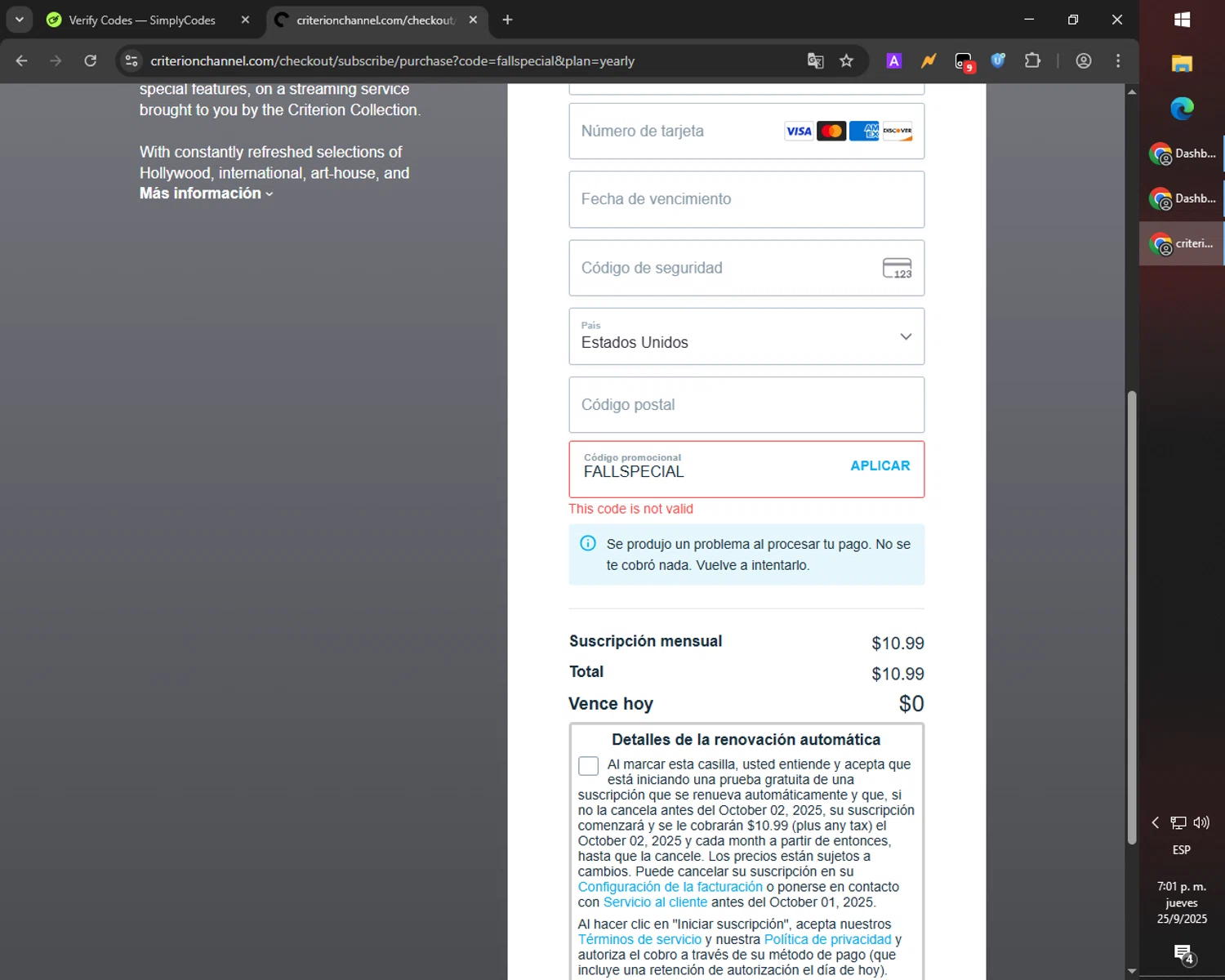 The Criterion Channel promo code screenshot showing code FALLSPECIAL applied at The Criterion Channel checkout page. Uploaded by SimplyCodes community member PromoScout8746 on Sep 25, 2025