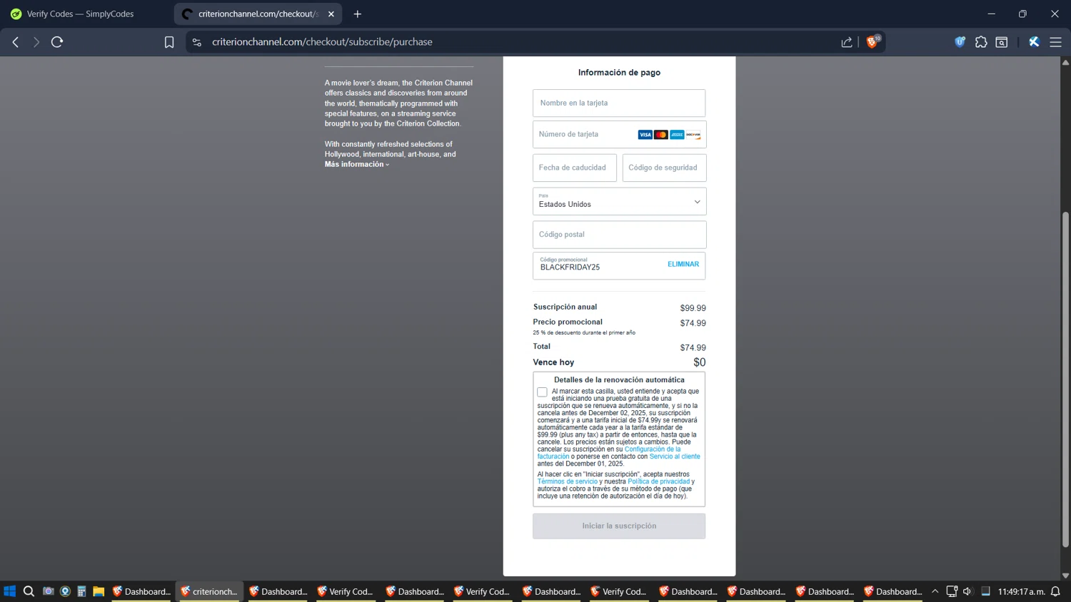 The Criterion Channel promo code screenshot showing code BLACKFRIDAY25 applied at The Criterion Channel checkout page. Uploaded by SimplyCodes community member verifier_983798000 on Nov 25, 2025
