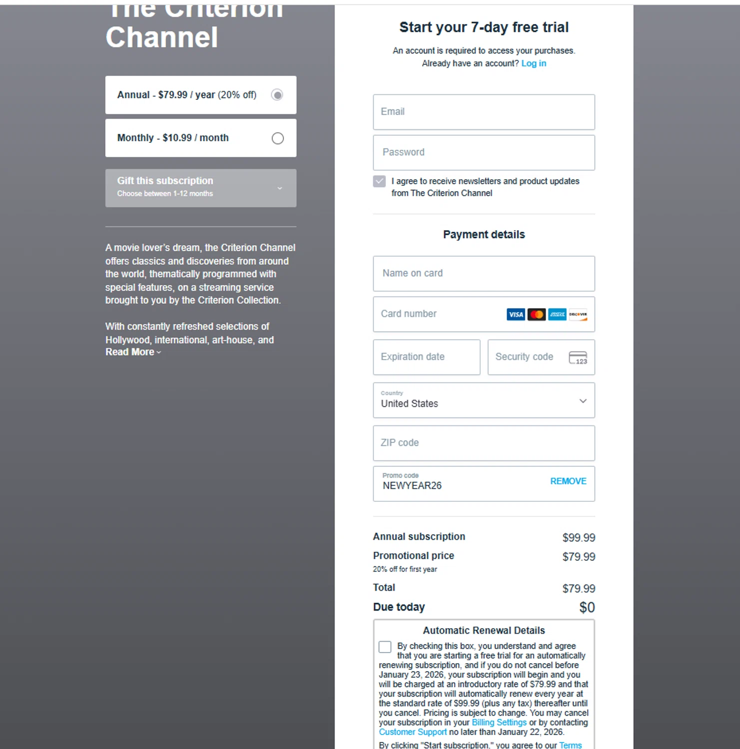 The Criterion Channel promo code screenshot showing code NEWYEAR26 applied at The Criterion Channel checkout page. Uploaded by SimplyCodes community member reggiesmith on Jan 16, 2026