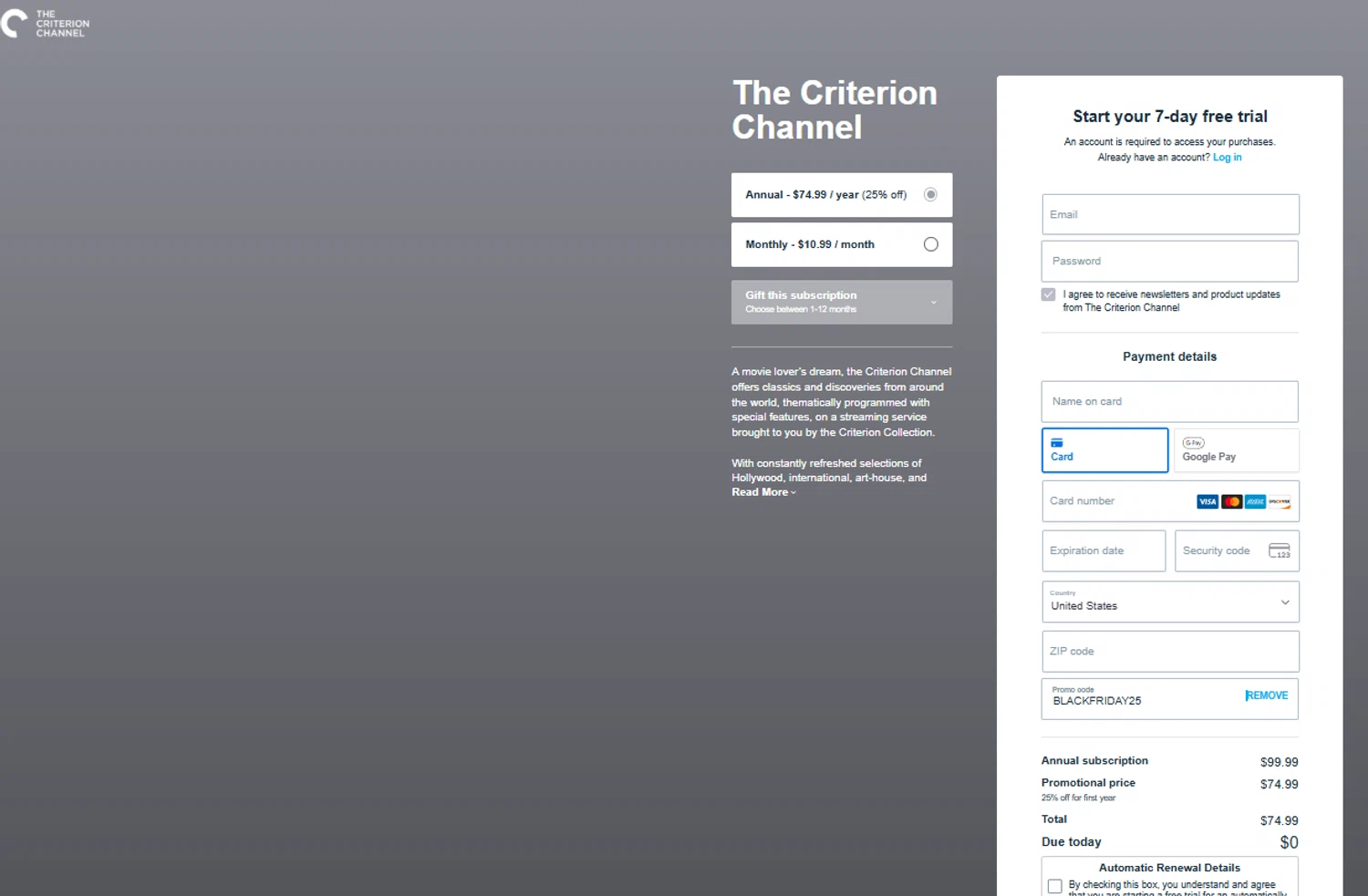 The Criterion Channel promo code screenshot showing code BLACKFRIDAY25 applied at The Criterion Channel checkout page. Uploaded by SimplyCodes community member Aressss on Nov 25, 2025