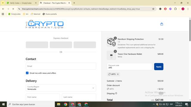 The Crypto Merchant checkout page showing The Crypto Merchant discount code box | Screenshot taken by SimplyCodes community member on Sep 8, 2025