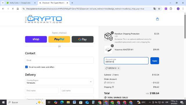 The Crypto Merchant checkout page showing The Crypto Merchant discount code box | Screenshot taken by SimplyCodes community member on Sep 8, 2025