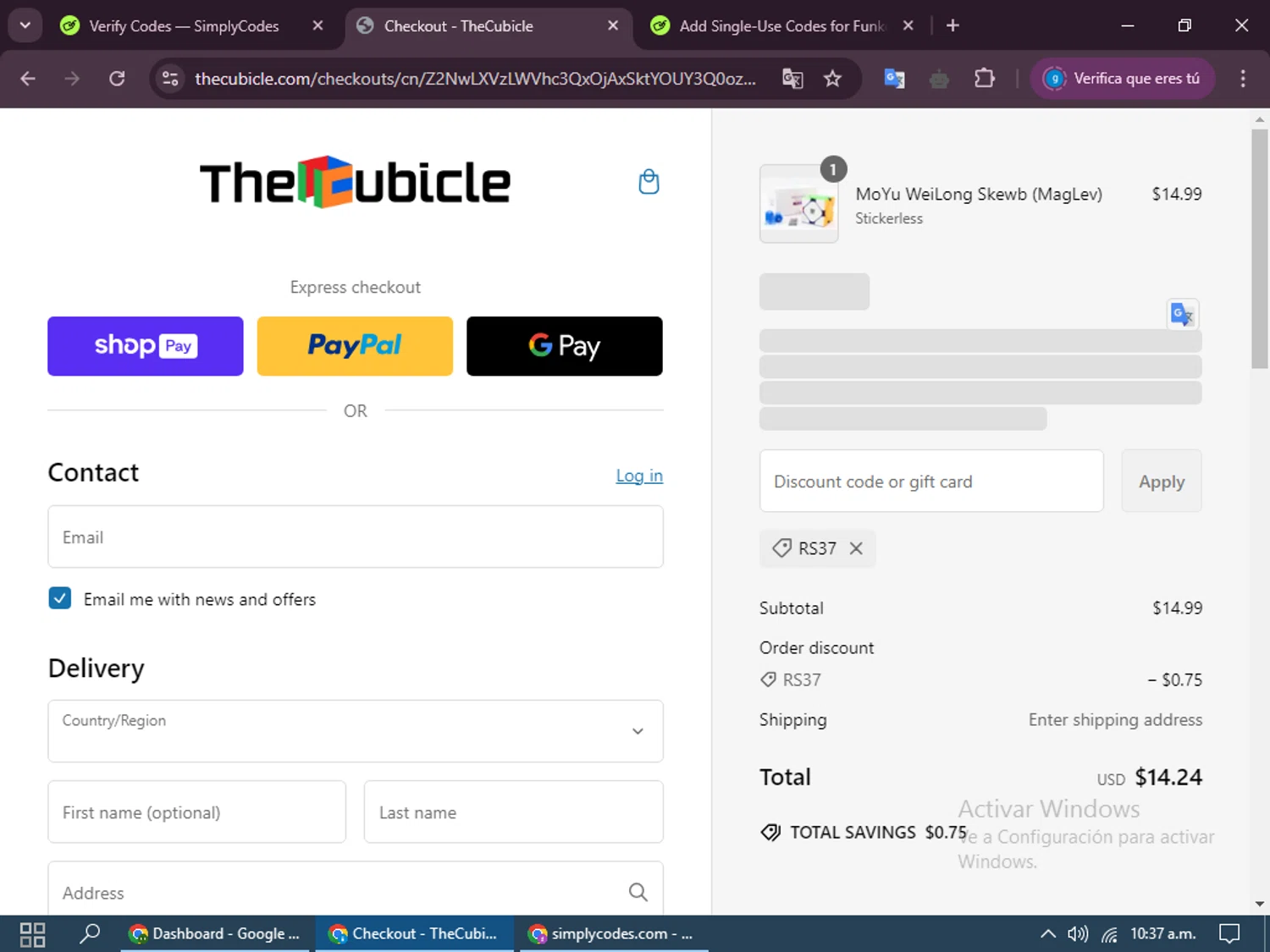 The Cubicle coupon code screenshot showing code rs37 applied at The Cubicle checkout page. Uploaded by SimplyCodes community member kuromii on Feb 12, 2025