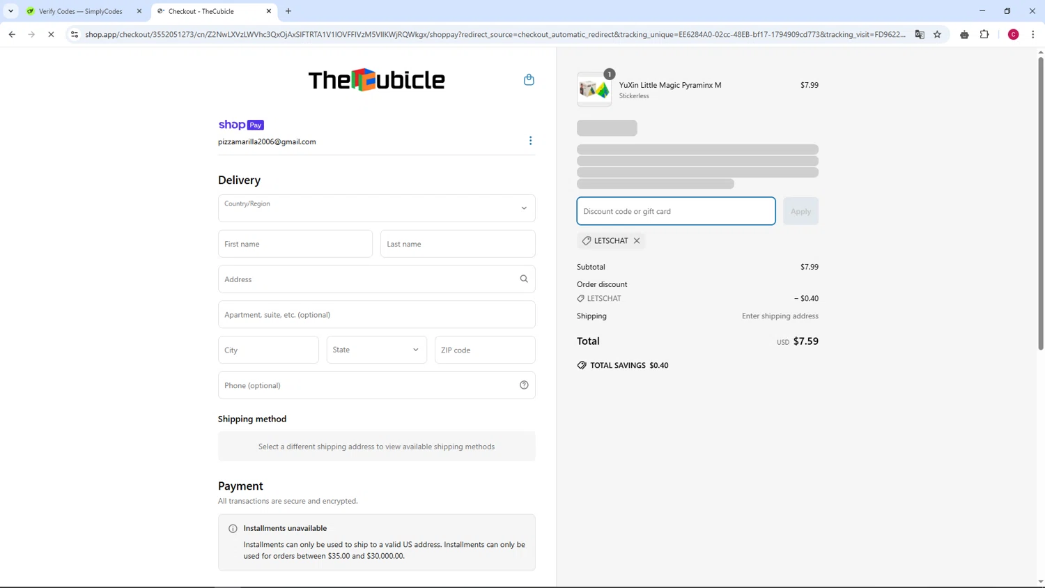 The Cubicle coupon code screenshot showing code LETSCHAT applied at The Cubicle checkout page. Uploaded by SimplyCodes community member TOROREX250 on Apr 1, 2025