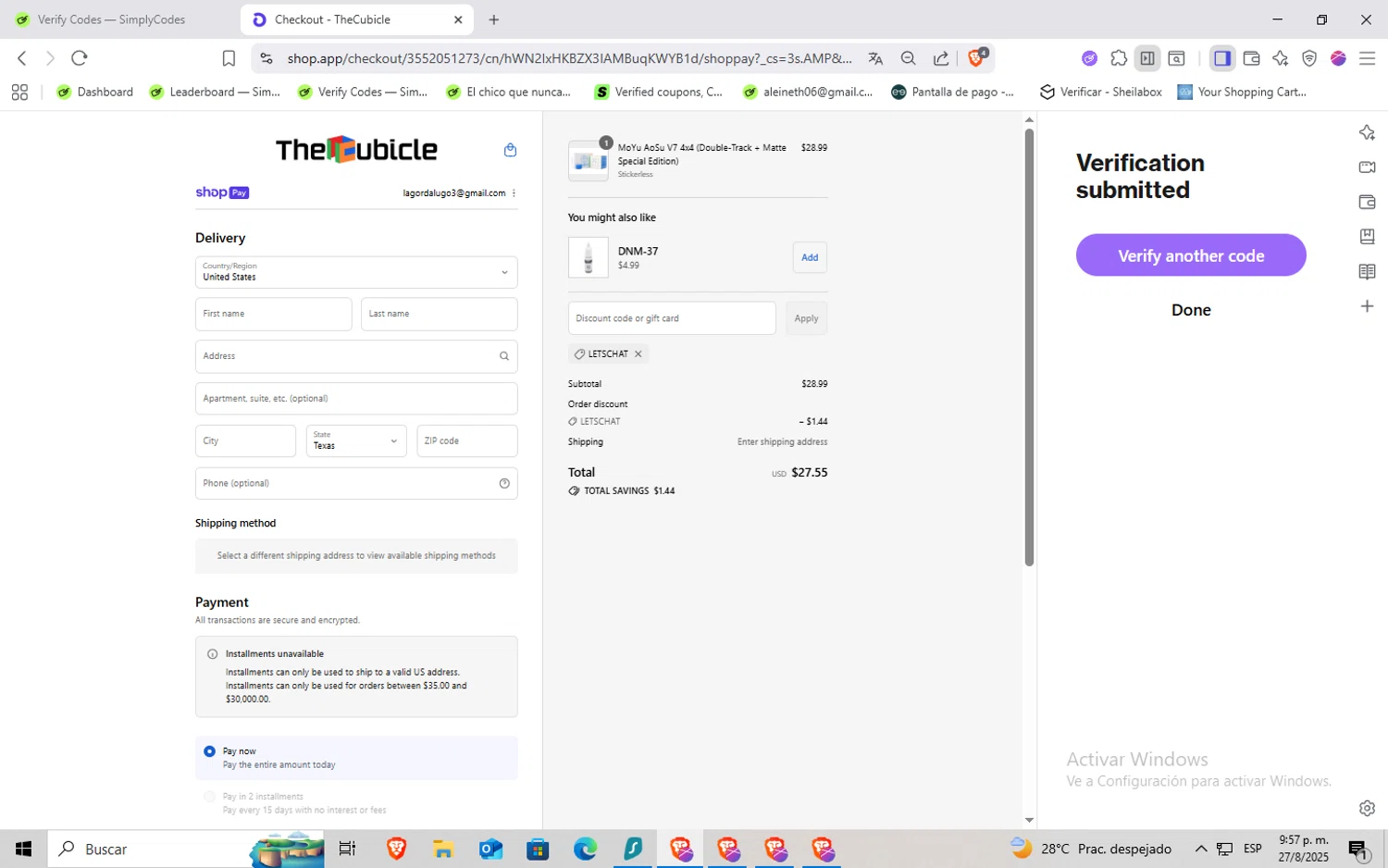 The Cubicle coupon code screenshot showing code LETSCHAT applied at The Cubicle checkout page. Uploaded by SimplyCodes community member Rayyyyyy on Aug 28, 2025