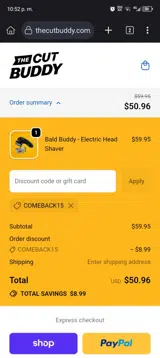 COMEBACK15 coupon verification screenshot