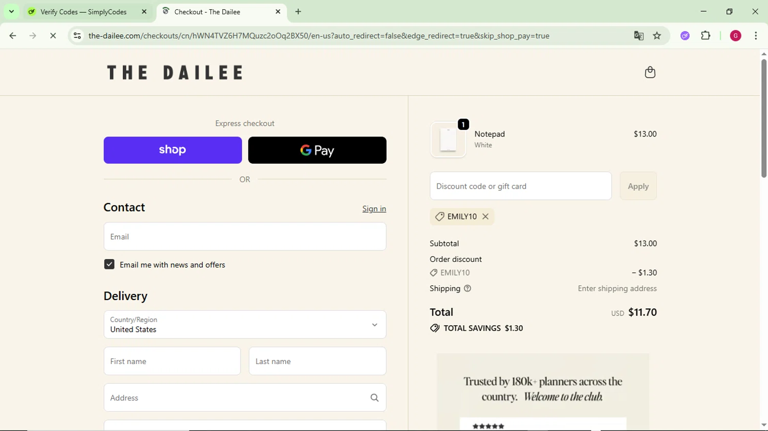 The Dailee checkout page showing The Dailee discount code box | Screenshot taken by SimplyCodes community member on Oct 24, 2025