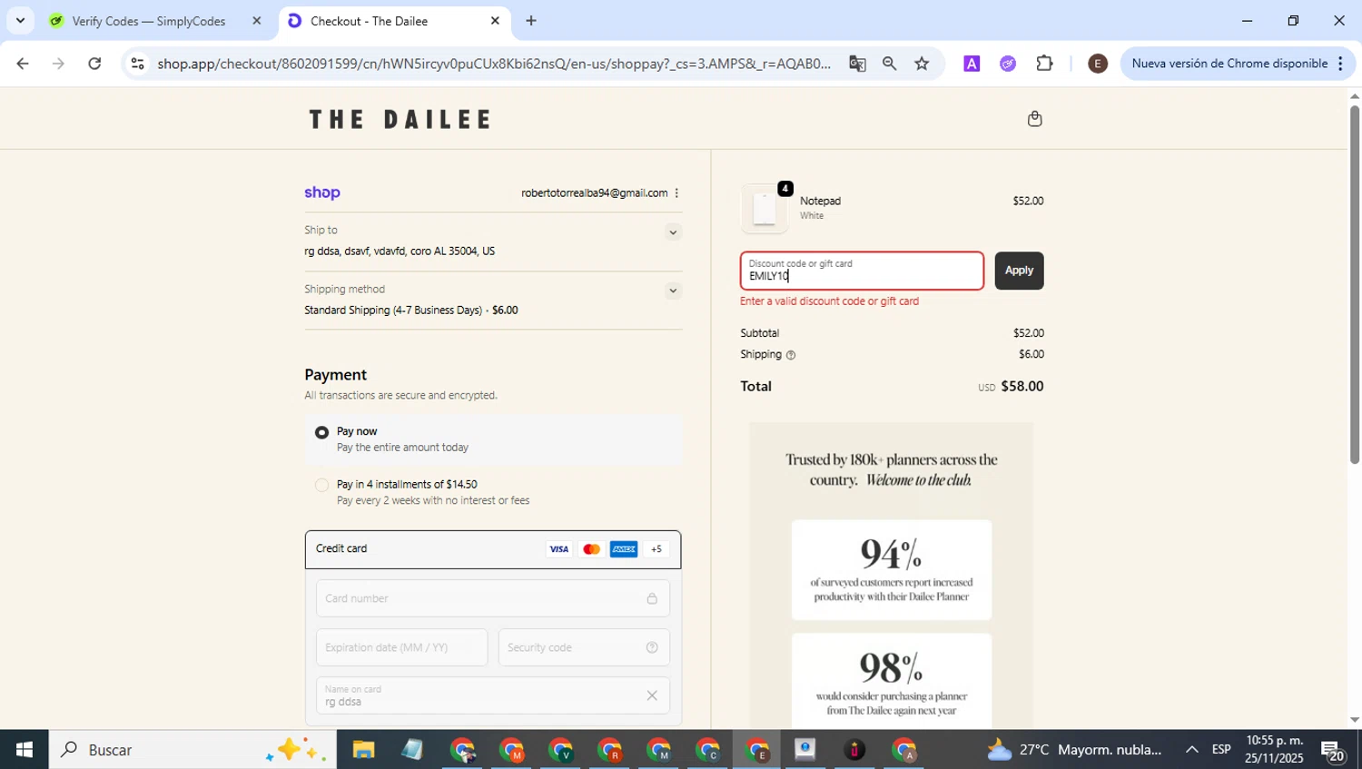 The Dailee discount code screenshot showing code EMILY10 applied at The Dailee checkout page. Uploaded by SimplyCodes community member WonderPilot3689 on Nov 26, 2025