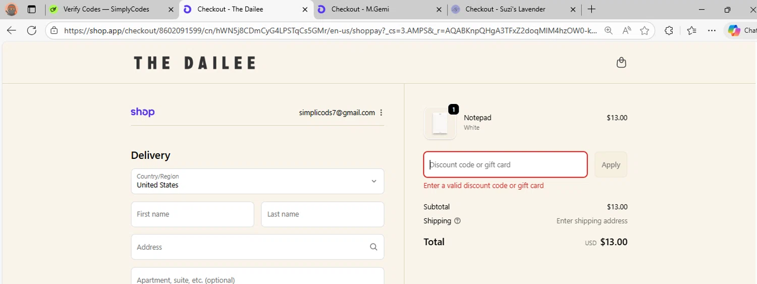 The Dailee discount code screenshot showing code EMILY10 applied at The Dailee checkout page. Uploaded by SimplyCodes community member fhddfhfdhwert on Nov 26, 2025