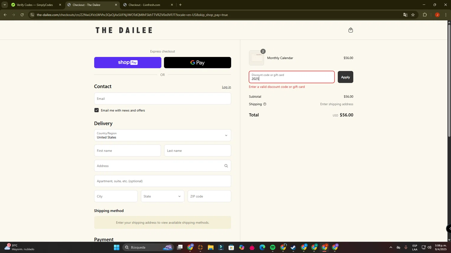 The Dailee discount code screenshot showing code 2025 applied at The Dailee checkout page. Uploaded by SimplyCodes community member PrimeBoss695 on Apr 9, 2025