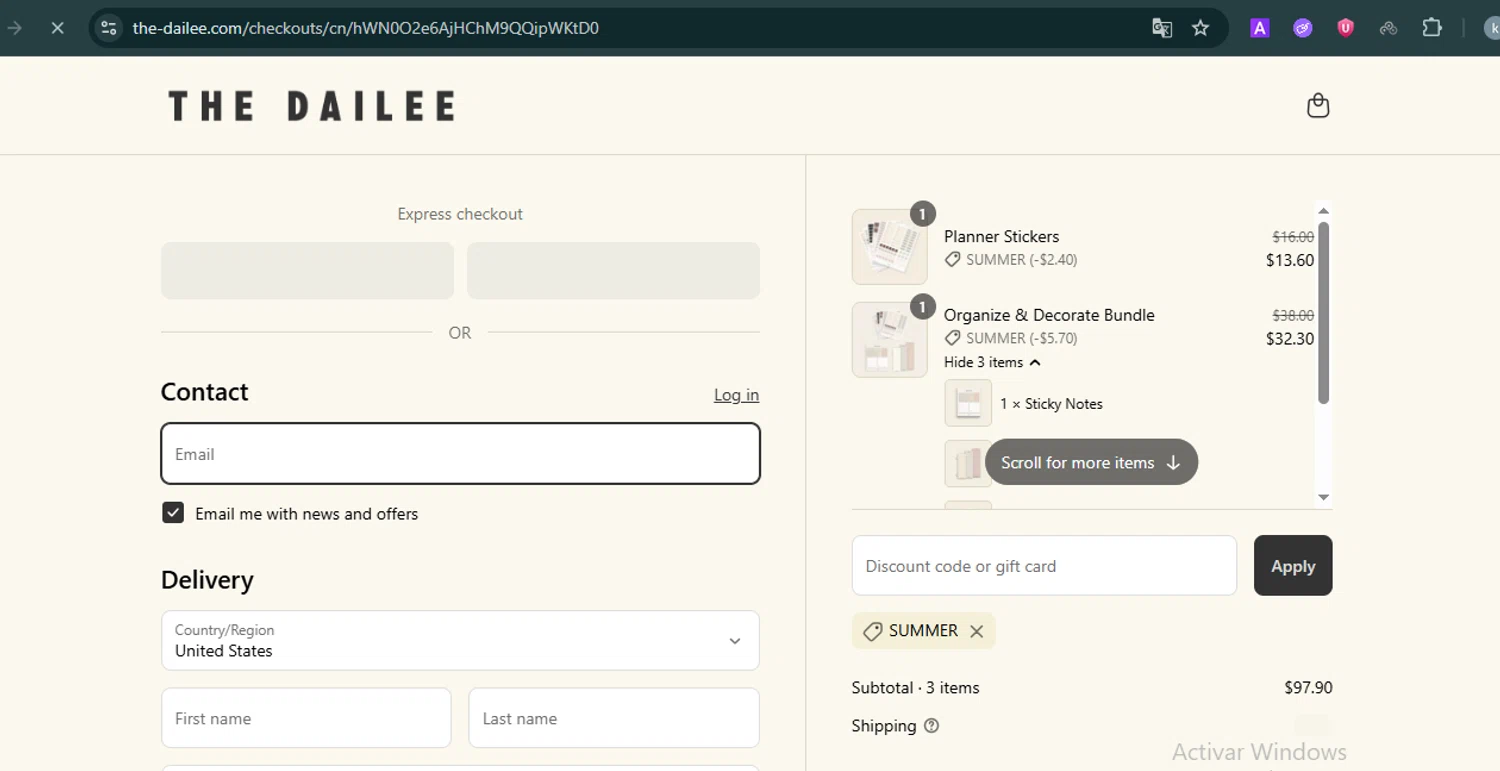 The Dailee discount code screenshot showing code SUMMER applied at The Dailee checkout page. Uploaded by SimplyCodes community member FortunateMaven6799 on Jul 8, 2025