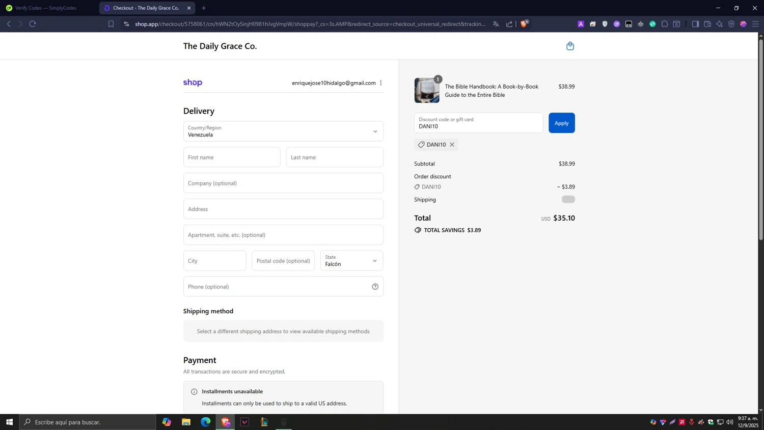 The Daily Grace discount code screenshot showing code DANI10 applied at The Daily Grace checkout page. Uploaded by SimplyCodes community member Tragedy on Sep 12, 2025