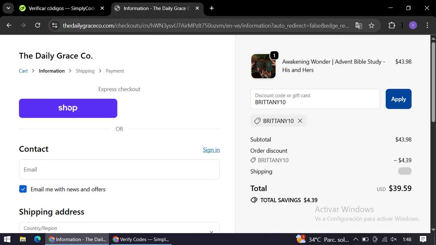 The Daily Grace discount code screenshot showing code BRITTANY10 applied at The Daily Grace checkout page. Uploaded by SimplyCodes community member AGP44456545 on Oct 11, 2025