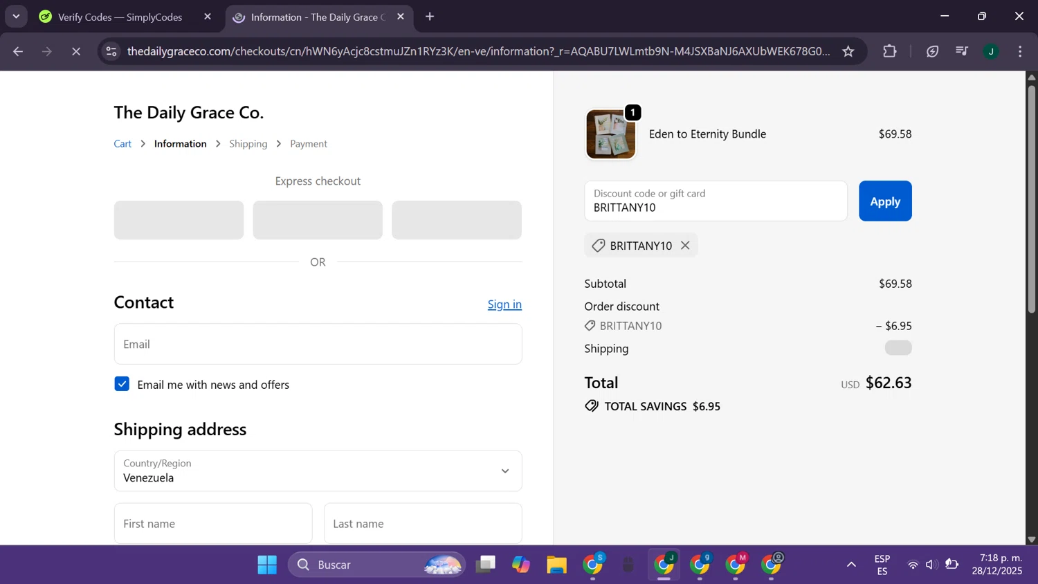 The Daily Grace discount code screenshot showing code BRITTANY10 applied at The Daily Grace checkout page. Uploaded by SimplyCodes community member CleverElite8110 on Dec 28, 2025