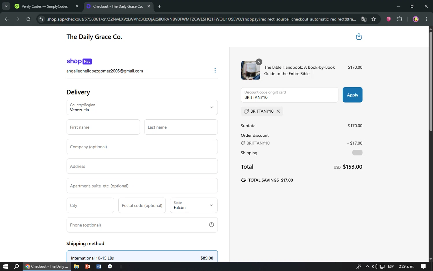 The Daily Grace discount code screenshot showing code BRITTANY10 applied at The Daily Grace checkout page. Uploaded by SimplyCodes community member TreasureShopper9156 on Jun 26, 2025
