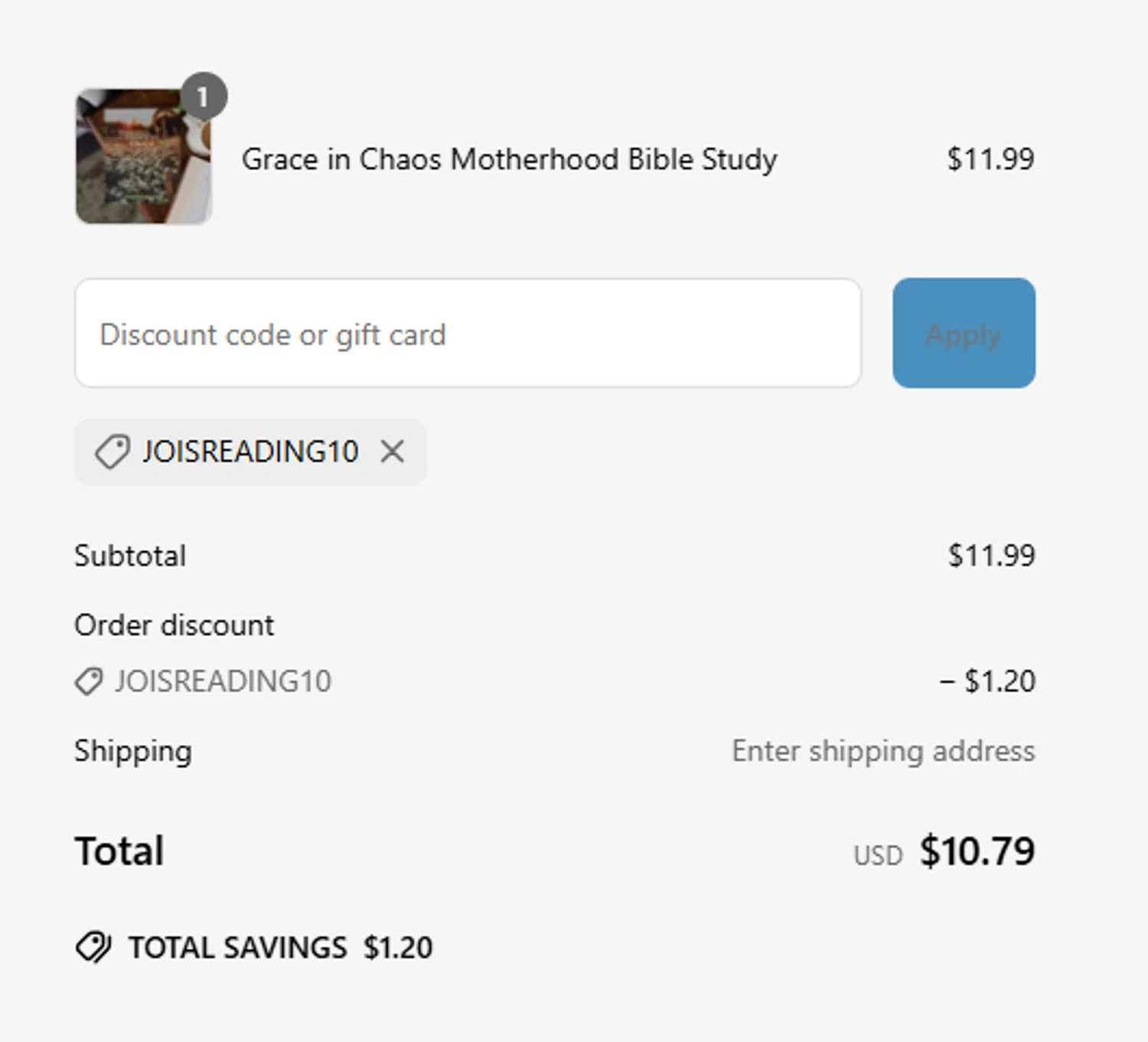The Daily Grace discount code screenshot showing code JOISREADING10 applied at The Daily Grace checkout page. Uploaded by SimplyCodes community member MagnificentCollector7829 on Jun 8, 2025