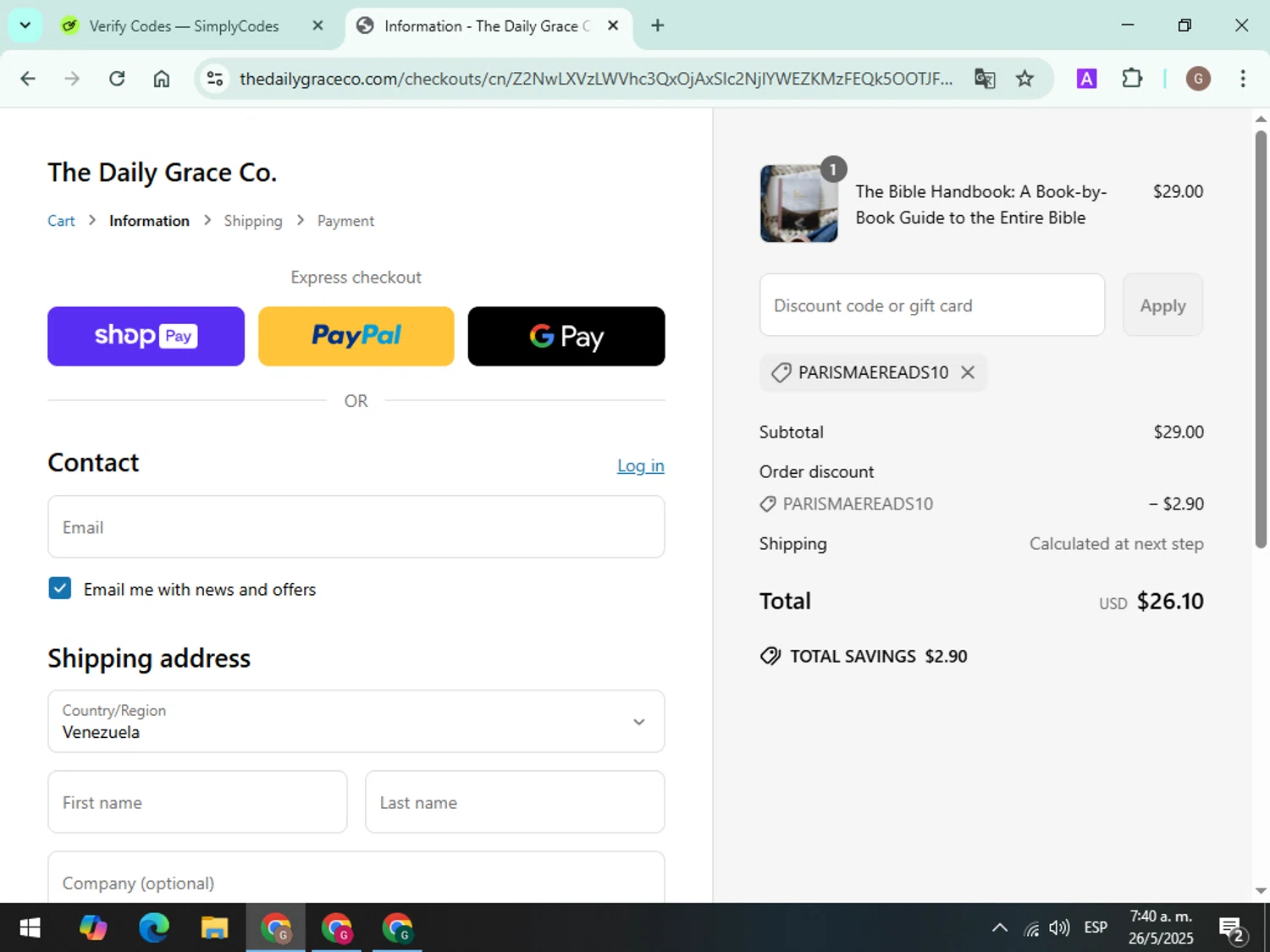 The Daily Grace discount code screenshot showing code PARISMAEREADS10 applied at The Daily Grace checkout page. Uploaded by SimplyCodes community member EpicTitan5638 on May 26, 2025