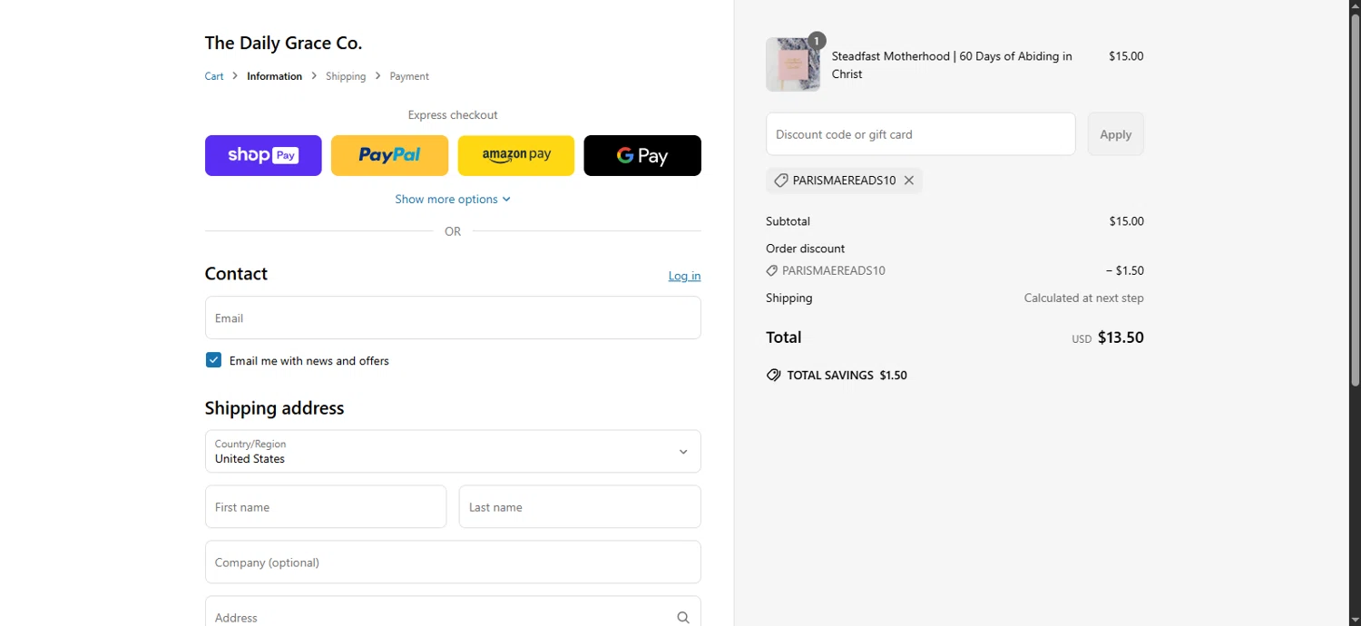 The Daily Grace discount code screenshot showing code PARISMAEREADS10 applied at The Daily Grace checkout page. Uploaded by SimplyCodes community member rapiddeals on Apr 24, 2025