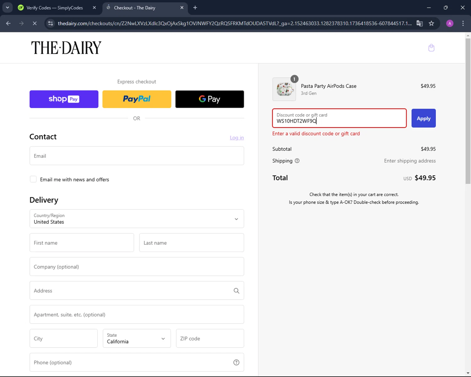 The Dairy discount code screenshot showing code WS10HDT2WF9Q applied at The Dairy checkout page. Uploaded by SimplyCodes community member AndreinaA on Jan 9, 2025