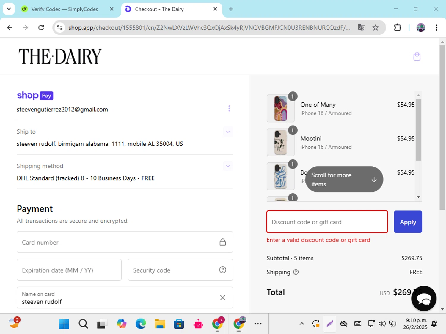 The Dairy discount code screenshot showing code WS10HDT2WF9Q applied at The Dairy checkout page. Uploaded by SimplyCodes community member DiscountGenius6081 on Feb 27, 2025