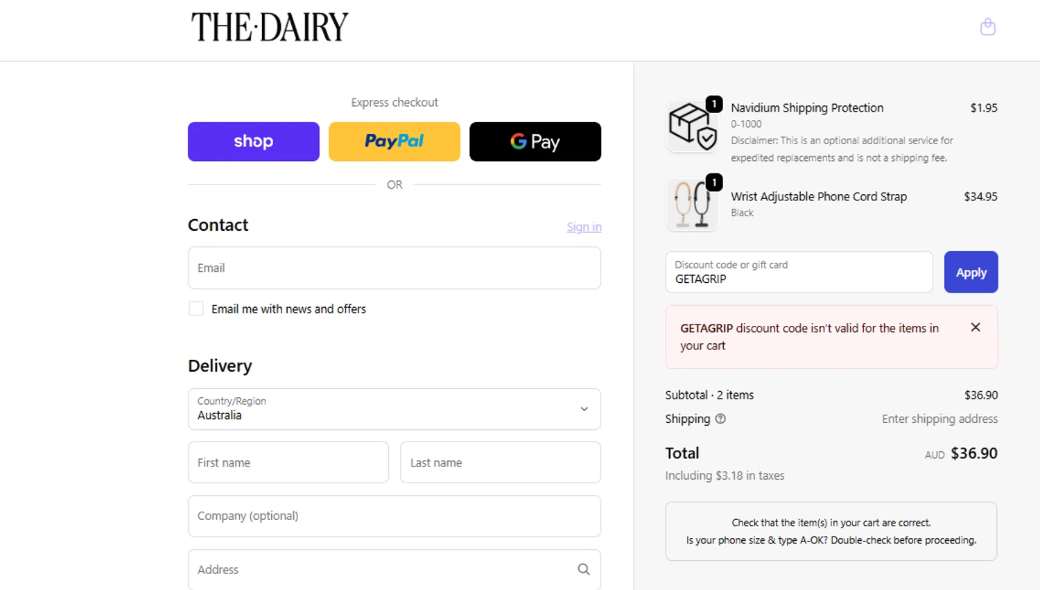 The Dairy discount code screenshot showing code GETAGRIP applied at The Dairy checkout page. Uploaded by SimplyCodes community member ashe1986 on Nov 27, 2025