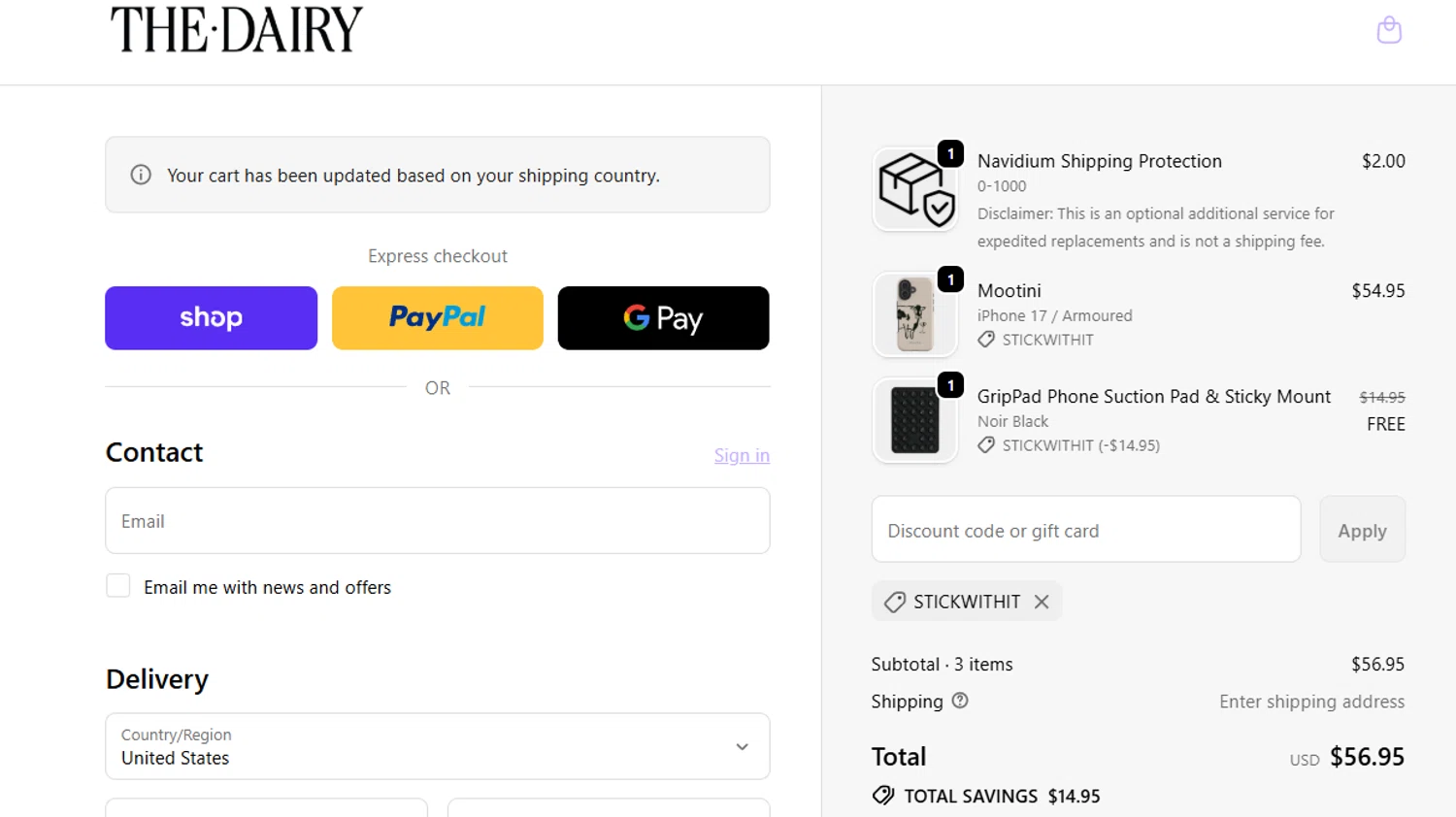 The Dairy discount code screenshot showing code STICKWITHIT applied at The Dairy checkout page. Uploaded by SimplyCodes community member jesspea on Nov 27, 2025