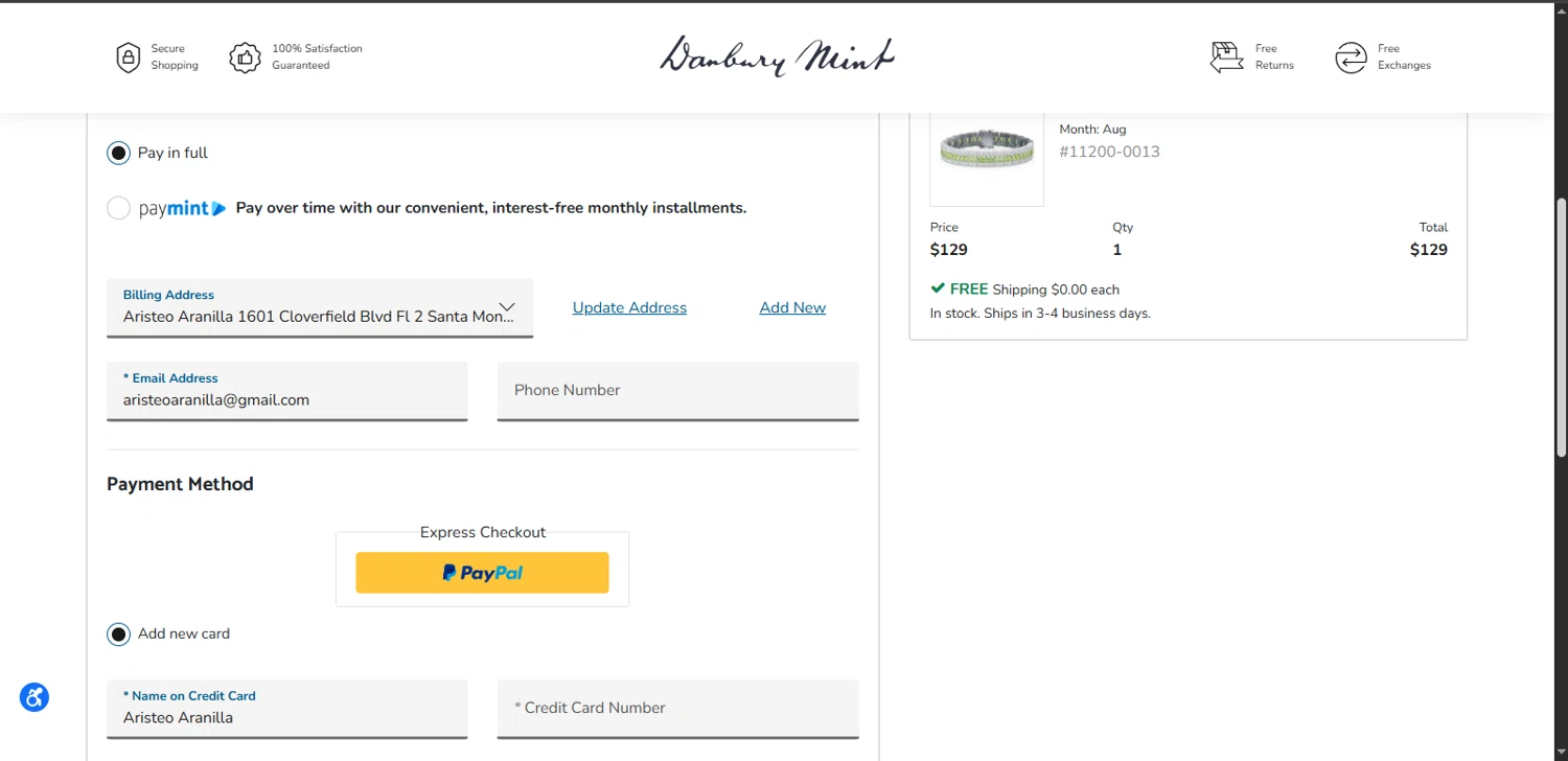 Danbury Mint promo code screenshot showing code welcome10 applied at Danbury Mint checkout page. Uploaded by SimplyCodes community member rapiddeals on Jul 15, 2025