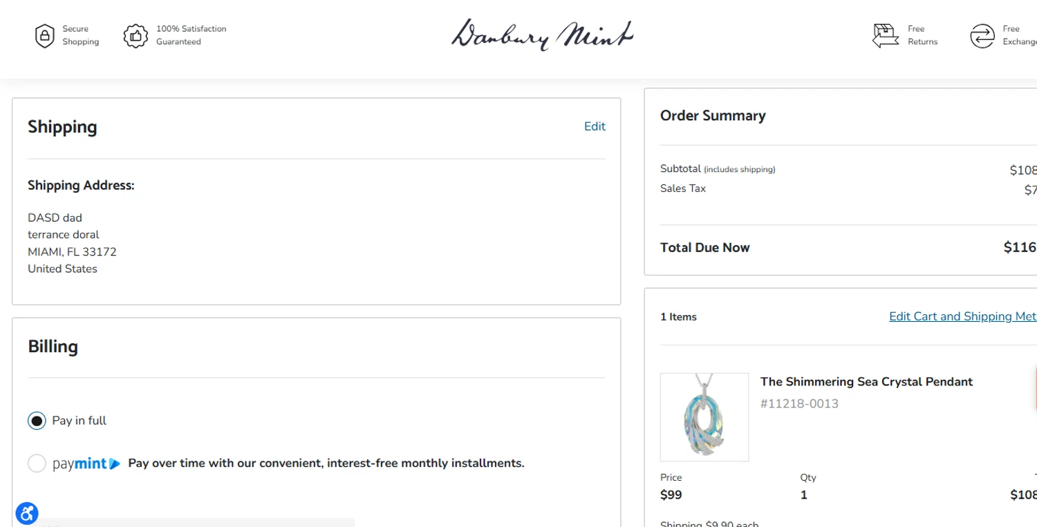 Danbury Mint promo code screenshot showing code welcome10 applied at Danbury Mint checkout page. Uploaded by SimplyCodes community member ashe1986 on Jul 15, 2025