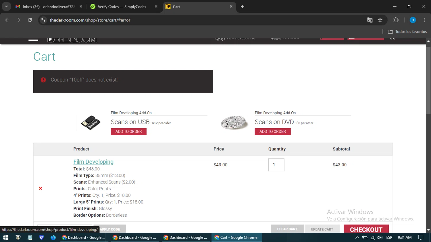 The Darkroom coupon code screenshot showing code 10OFF applied at The Darkroom checkout page. Uploaded by SimplyCodes community member GoldHunter9818 on Jan 26, 2025